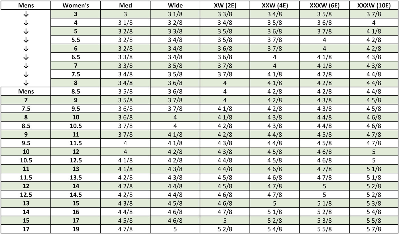 Pedors Size and Width Chart